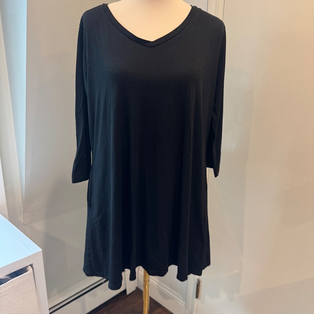 Lildy Black Solid V-Neck 3/4 Sleeve Tunic Top with Pockets | Size L-XL
